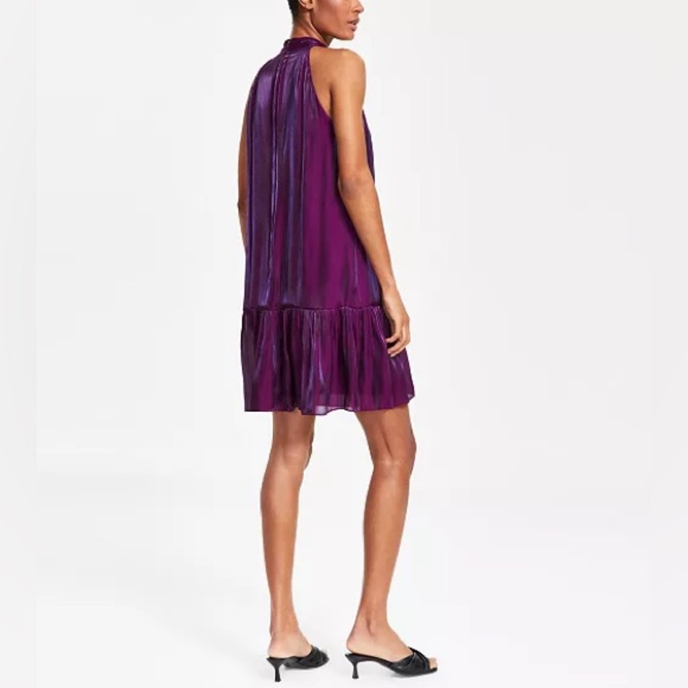 Anne Klein Iridescent Tiered Shift Dress Bow Tie Neck Party Cocktail Purple Bloo - Picture 2 of 15